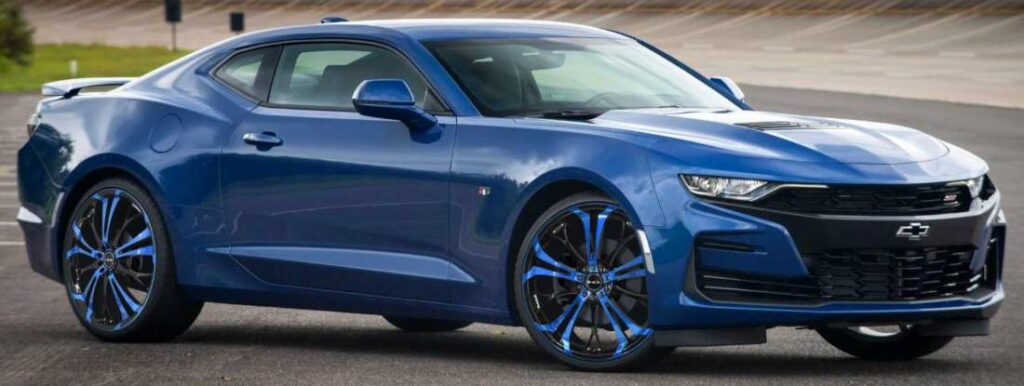 Chevy Camaro on 22x8.5 HD Spinout Black and Blue Wheels